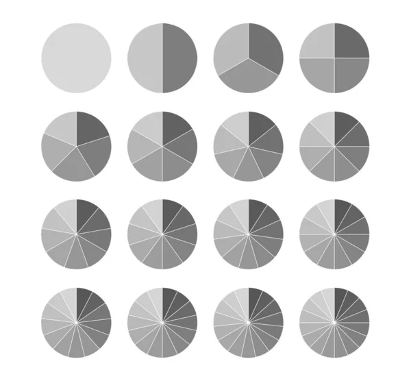 Cerchi segmentati impostato isolato su uno sfondo bianco.Big set, di diagrammi delle ruote. Diversi settori dividono il cerchio in parti uguali — Vettoriale Stock