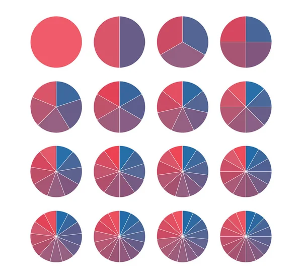Reihe von bunten Kuchendiagrammen. Kreissegmente gesetzt. Bruchrechnen. Infografik Schaltkreis Prozess — Stockvektor