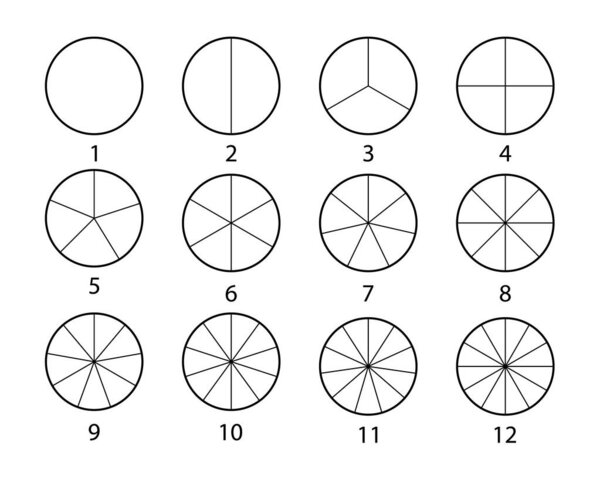 Дробная математика. Сегменты круга установлены. Чёрная тонкая графика
