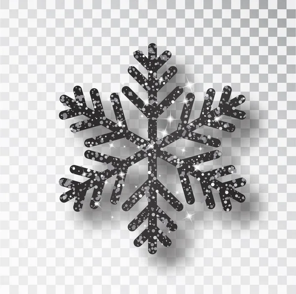 Black snowflake, Christmas black decoration, covered bright glitter. Black glitter texture snowflake isolated. Xmas ornament silver snow with bright sparkle — Stock Vector