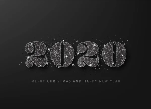 Zwarte glitter 2020 op een zwarte achtergrond. Gelukkig nieuwjaar rooster kaart. — Stockvector