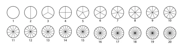 Los círculos segmentados se establecen aislados sobre un fondo blanco.Varios sectores dividen el círculo en partes iguales. Gráficos negros delgados — Archivo Imágenes Vectoriales