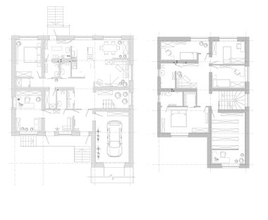 Evin imhası. Mobilya düzeninin bir örneği. Plan iki katlı ev. Vektör. Detaylı mimari plan. Siyah-beyaz kat çizimi..