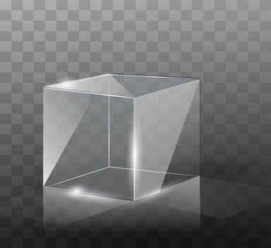 Cam Küp. Amblem. Logo. Şeffaf geometrik şekiller. Ayrı nesne