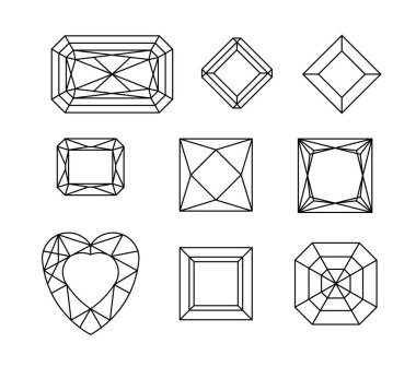 Elmas. Mücevher çizgi çizim vektör kümesi. Kristal formları. Değerli ve sahtekar taşlar geometrik şekiller. Takı anahat dağılımı. Geometri rakamlar. Elmas tasarım öğeleri
