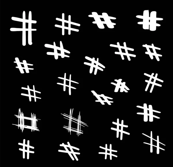 Sinais de hashtag configurados. Símbolos sociais modernos isolados num fundo branco. Coleção hand painted hash tag symbols isolated on black background. Ilustração vetorial . — Vetor de Stock