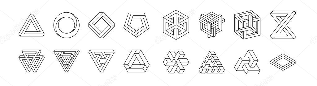 Set of impossible shapes. Optical Illusion. Vector Illustration isolated on white. Sacred geometry. Black lines on a white background