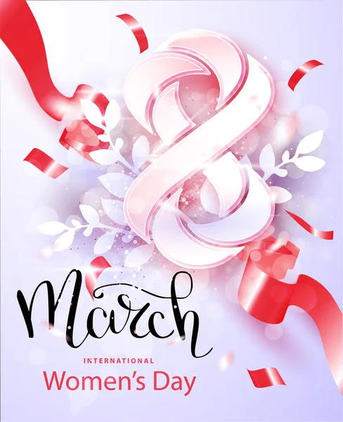 8 martie Ziua Internațională a Femeii. Happy Women 's Day background. Happy Mother 's Day. Numărul 8 cu text panglică și confetti pe fundal — Vector de stoc