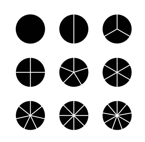 Cirkelsegmenten ingesteld. Infografische vectorillustratie. Verschillende sectoren verdelen de cirkel over gelijke delen. Zwarte vlakke vulling — Stockvector