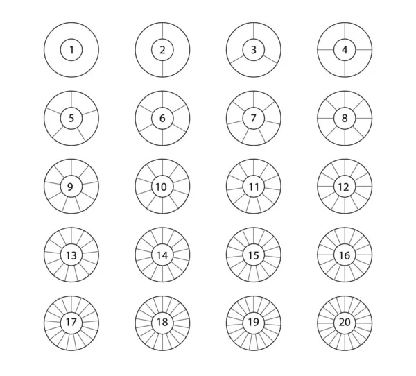 Τμηματικοί κύκλοι που απομονώνονται σε λευκό φόντο. Διάφοροι τομείς χωρίζουν τον κύκλο σε ίσα μέρη. Μαύρο λεπτό περίγραμμα γραφικών — Διανυσματικό Αρχείο
