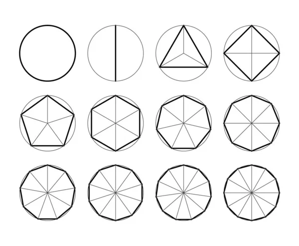 Σύνολο γεωμετρικών σχημάτων. Πολύγωνα. Διαίρεση κύκλου σε διάφορα μέρη — Διανυσματικό Αρχείο