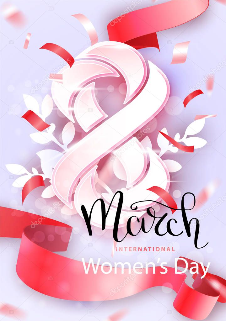 March 8. International Womens day background with Silk ribbon sign. Greeting card, flyer or brochure template. Vector illustration