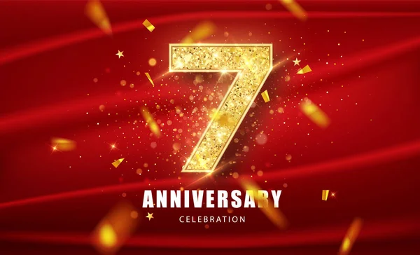 7 Golden glitter numbers and Anniversary Celebration text with golden confetti on red background. Seventh anniversary celebration event vector template. — Stock Vector