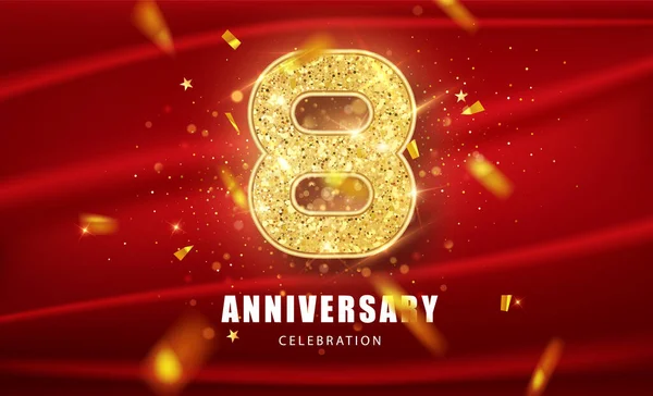 8 Golden glitter numbers and Anniversary Celebration text with golden confetti on red background. Eighth anniversary celebration event vector template. — Stock Vector