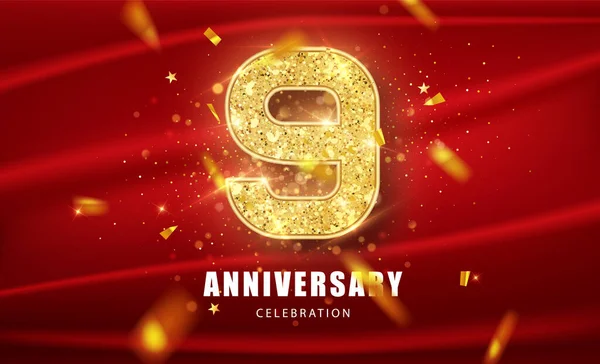 9 Golden glitter numbers and Anniversary Celebration text with golden confetti on red background. Ninth anniversary celebration event vector template. — Stock Vector