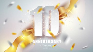 Anniversary premium emblem with golden confetti. Celebration 10th anniversary event party template.