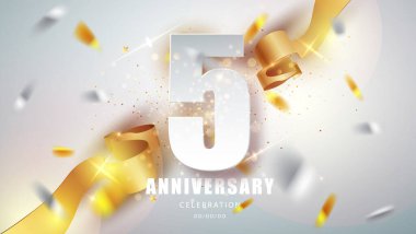 Anniversary premium emblem with golden confetti. Celebration 5th anniversary event party template.