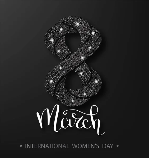 8 March gold glitter for Women Day greeting card and luxury text lettering on a white background. Calligraphic pen inscription — Stock vektor