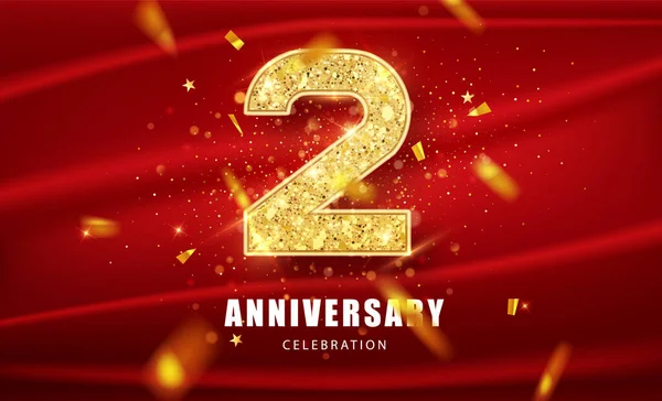 Anniversary 2st gold glitter numbers with golden confetti. Celebration 2 anniversary event party template — 스톡 벡터