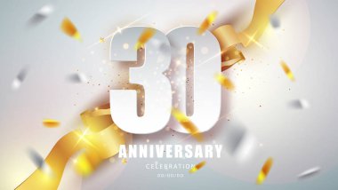 Anniversary premium emblem with golden confetti. Celebration 30th anniversary event party template.