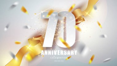 Altın konfetiyle yıl dönümü amblemi. Kutlama 70. yıldönümü parti şablonu.