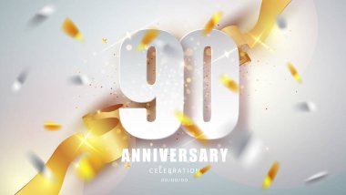 Altın konfetiyle yıl dönümü amblemi. Kutlama 90. yıldönümü parti şablonu.