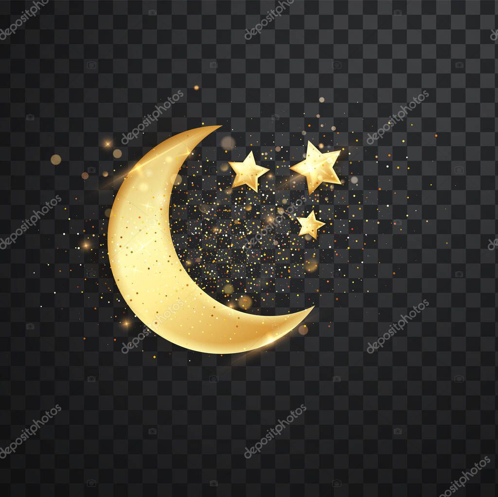 Ramadán decoración dorada aislada sobre fondo blanco. Creciente colgante  estrellas del brillo islámico. Elemento de diseño Ramadán Kareem aislado.  Marco del vector para los carteles del partido, cabeceras, banderas Vector  de Stock