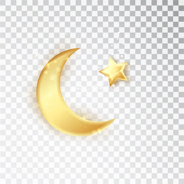 Mezza luna splendente oro brillante con stella isolata su sfondo bianco. Mezzaluna islamica per elemento di design Ramadan Kareem. Illustrazione vettoriale — Vettoriale Stock