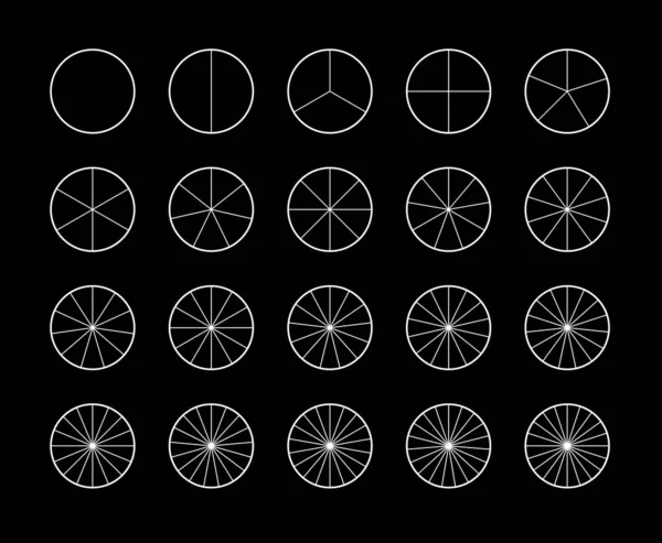 Segmentierte Kreise, isoliert auf schwarzem Hintergrund. Verschiedene Sektoren teilen den Kreis zu gleichen Teilen. Weiße Grafiken mit dünnen Umrissen — Stockvektor
