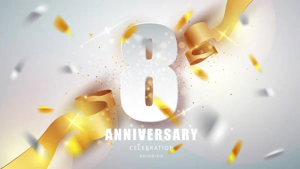 Emblème premium anniversaire avec confettis dorés. Célébration 8e anniversaire événement fête modèle . — Image vectorielle