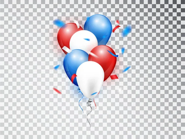 Gerçekçi balonlar kırmızı, mavi ve beyaz renklerde. Ulusal tatil geçmişi veya doğum günü partisi için izole edilmiş vektör ögeleri — Stok Vektör