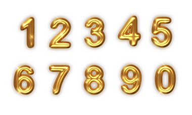 Altın sayılar belirlendi. Vektör gerçekçi 3D çizim. Altın yazı tipi numarası 1,2,3,4,5,6,7,8,9,0. Pankart, kapak, doğum günü veya yıldönümü partisi davetiye tasarımı için dekorasyon.