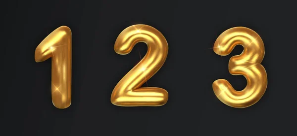 Numeri d'oro impostati isolati sul buio. Oro realistico numeri lucidi da 1 a 3 con ombra. Elementi decorativi per banner, copertina, design di inviti per feste di compleanno o anniversario . — Vettoriale Stock