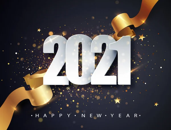 2021 Happy New Year vector achtergrond met gouden cadeau lint, confetti, witte cijfers. Kerstfeest ontwerp. Feestelijke premium concept template voor vakantie — Stockvector