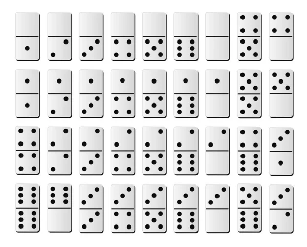 Dominoes or domino tiles white vector isolated realistic mockups with black spots number for game on white background — Stock Vector