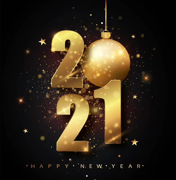 Happy New 2021 Year. Holiday vector illustration of golden metallic numbers 2021. Gold Numbers Design of greeting card of Falling Shiny Confetti. New Year and Christmas posters.