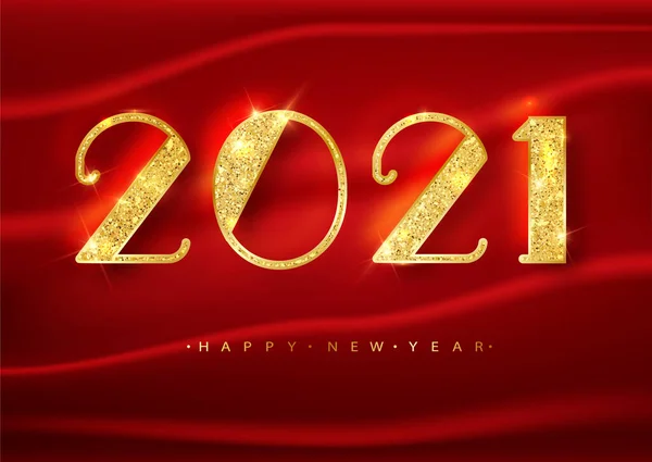 2021 Šťastný nový rok. Zlatá čísla Návrh blahopřání na červeném pozadí. Zlatý lesklý vzor. Šťastný Nový rok Banner s 2021 Čísla na jasném pozadí. Vektorová ilustrace. — Stockový vektor