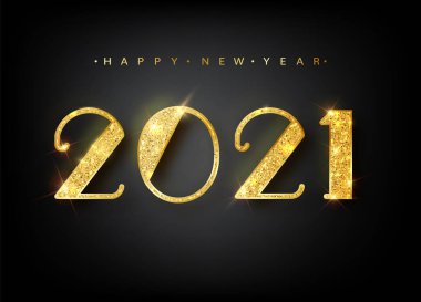 2021 Mutlu yıllar. Altın Sayılar Tebrik Kartı Tasarımı. 2021 yılının bayrağı kutlu olsun. Parlak Arkaplanda numaralar. Vektör illüstrasyonu