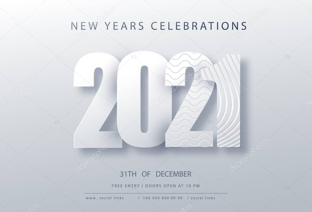 2021 Happy New Year. Paper 3d numbers on white abstract topography background. Vector holiday illustration. Festive event banner