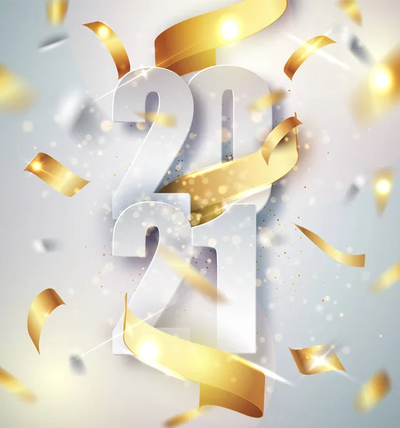 2021 Feliz Año Nuevo elegante fondo vectorial con cinta de regalo de oro, confeti, números blancos. Navidad celebrar el diseño — Archivo Imágenes Vectoriales