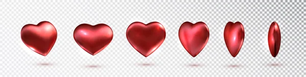 Czerwone serca zestaw metaliczny w różnych projekcjach. Kolekcja czerwonych serc. Realistyczne serca z cieniami. Ikona symbolu miłości. — Wektor stockowy
