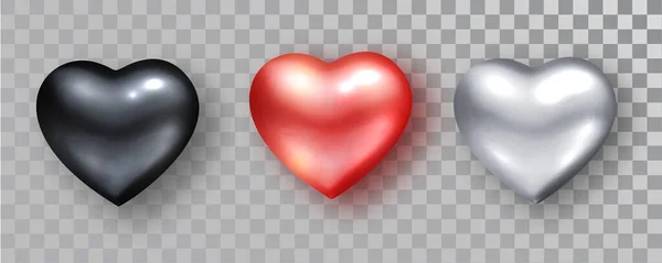 Conjunto realista de corazones. Corazones negros, rojos, plateados, aislados. Símbolo amor corazón forma aislado. Objeto vectorial para diseño de San Valentín, maqueta. Objeto realista vectorial Ilustración . — Archivo Imágenes Vectoriales