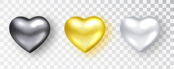 Καρδιές ρεαλιστικές. Μαύρος, χρυσός, λευκές καρδιές απομονωμένες. Σύμβολο αγάπη σχήμα καρδιάς απομονωμένο. Διανυσματικό αντικείμενο για το σχεδιασμό Ημέρα του Αγίου Βαλεντίνου, mockup. Εικονογράφηση διανυσματικού ρεαλιστικού αντικειμένου — Διανυσματικό Αρχείο