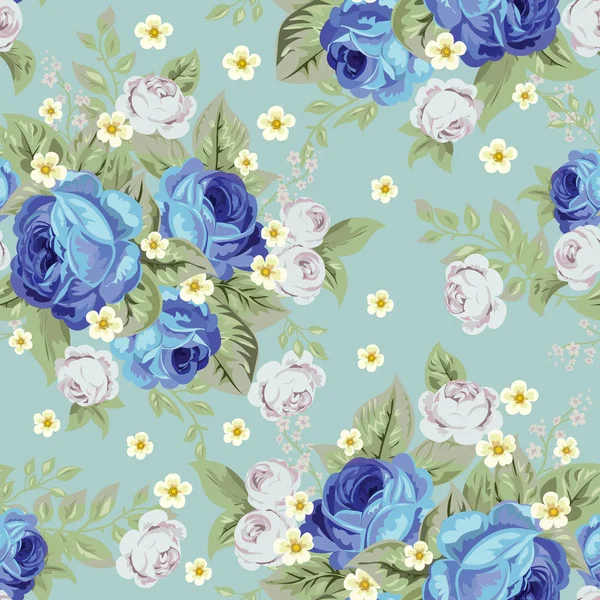 Rosas de col azul y pequeñas flores blancas, patrón sin costuras 1 — Vector de stock