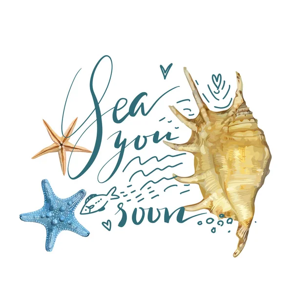 Letras citações do mar com concha realista e estrela do mar para design de t-shirt e sacos de praia — Vetor de Stock