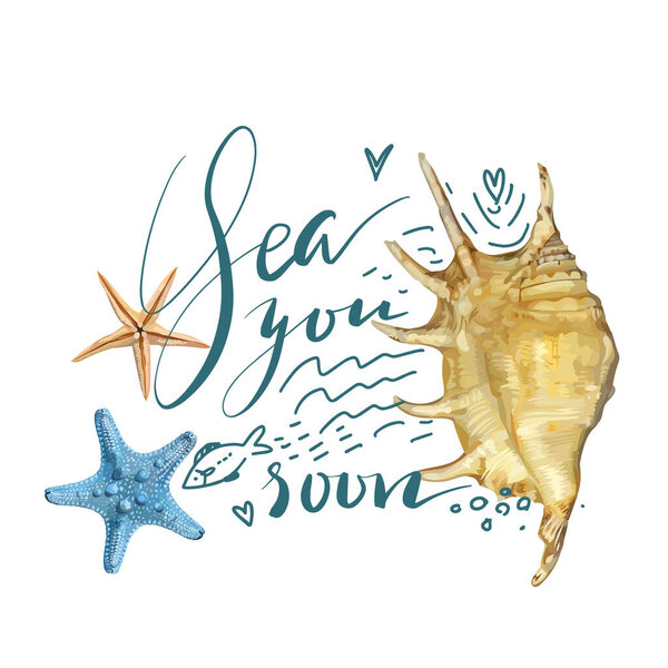 Sea quote lettering with realistic shell and starfish for t-shirt design and beach bags