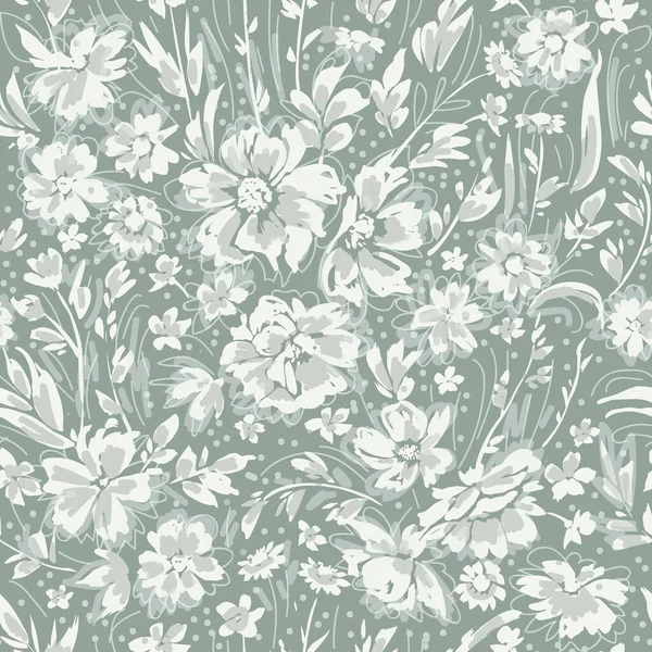 Monochrom niedliche florale nahtlose Muster mit Gänseblümchen, Heckenrosen und Wildblumen — Stockvektor