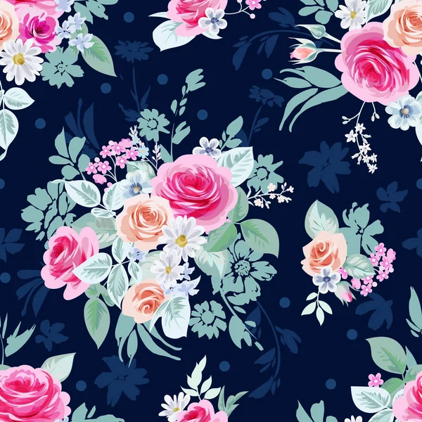 Söta rosenbuketter med prästkragar. Digital vektor botanisk tryck för våren, sommar klänning — Stock vektor