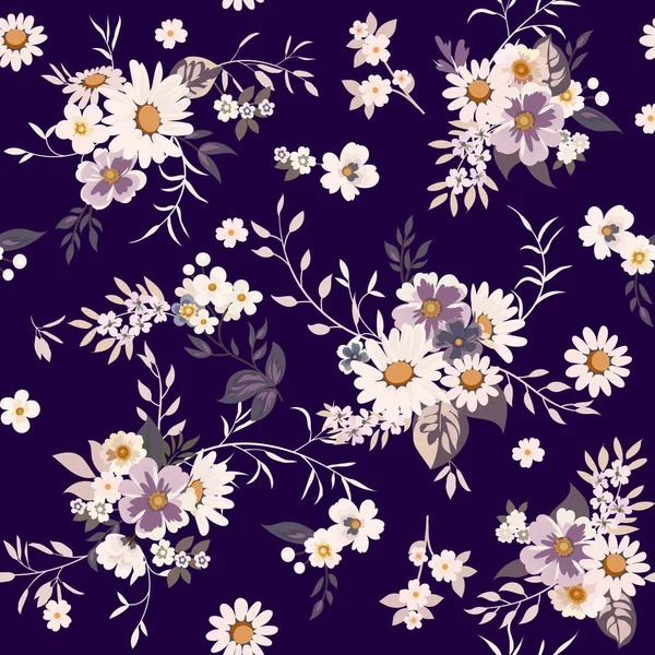 Design de impressão de moda floral com margaridas para a primavera, vestido de mulher de verão — Vetor de Stock