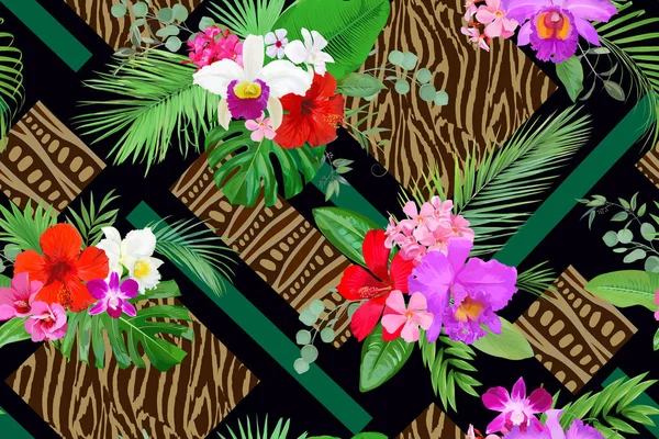 Fond floral tropical avec orchidée, fleurs d'hibiscus et de monstère, palmier, banane, feuilles d'eucalyptus — Image vectorielle